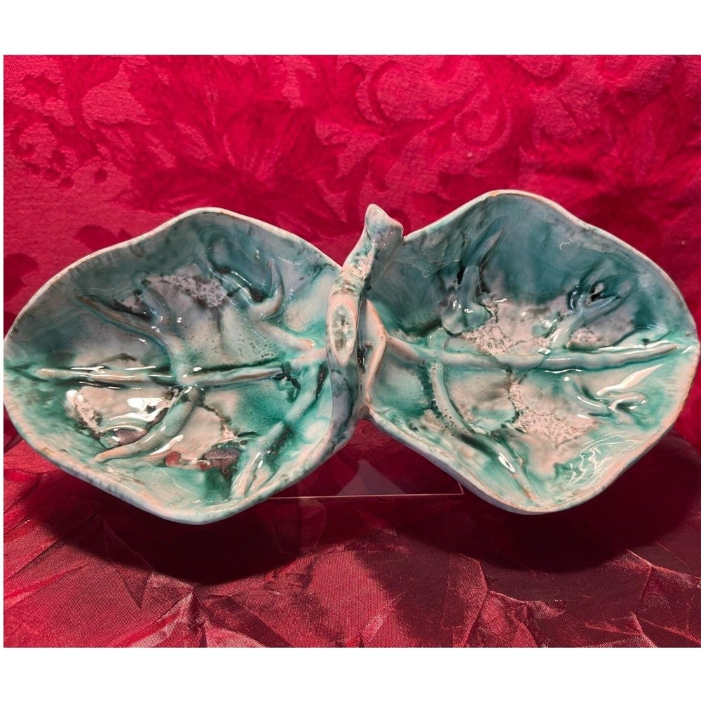 Vintage MCM Green Double Leaf Trinket Dish with Handle Made in Italy